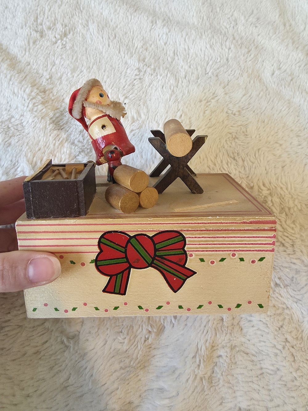 1980s Vintage Wooden Christmas Santa Claus Figurine Wind Up - Works